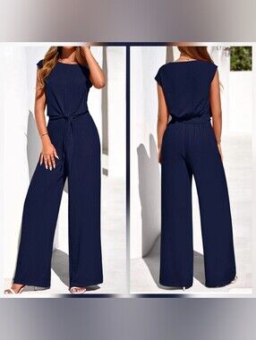 NWT Pretty Garden Cap-Sleeve Navy Tie-Front Wide-Leg Jumpsuit, Medium